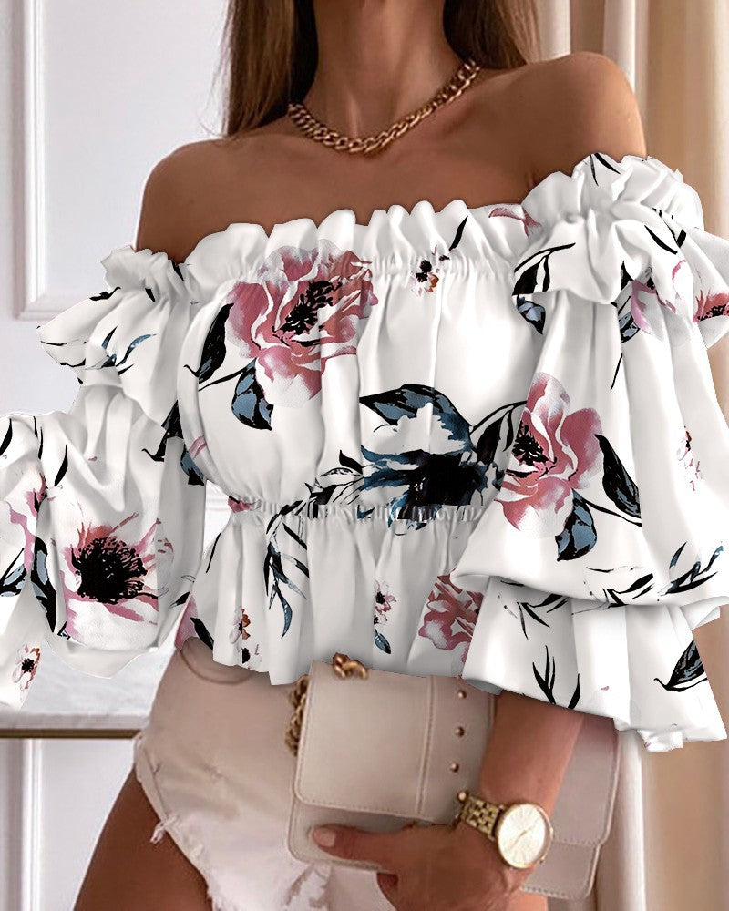Damer Elegant Off-Shoulder Top med voluminøse rynker og blomsterprint Stilla