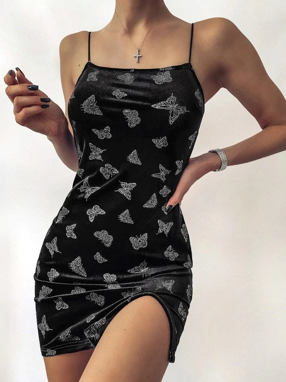 Dame Sommerfugltryk Velour Mini Kjole Stilla