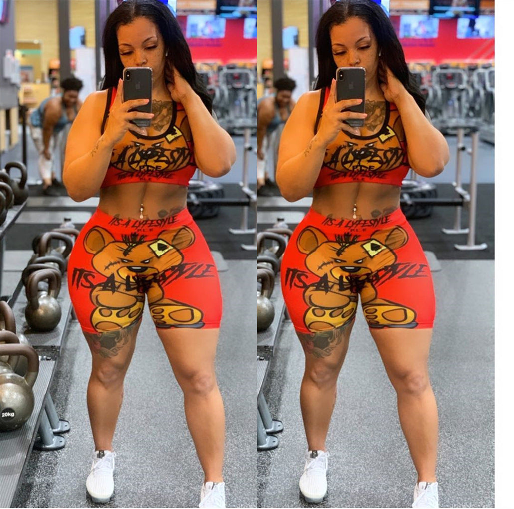 Dame Sporty Crop-Top og Højskårede Shorts-Sæt med iøjnefaldende Print Stilla