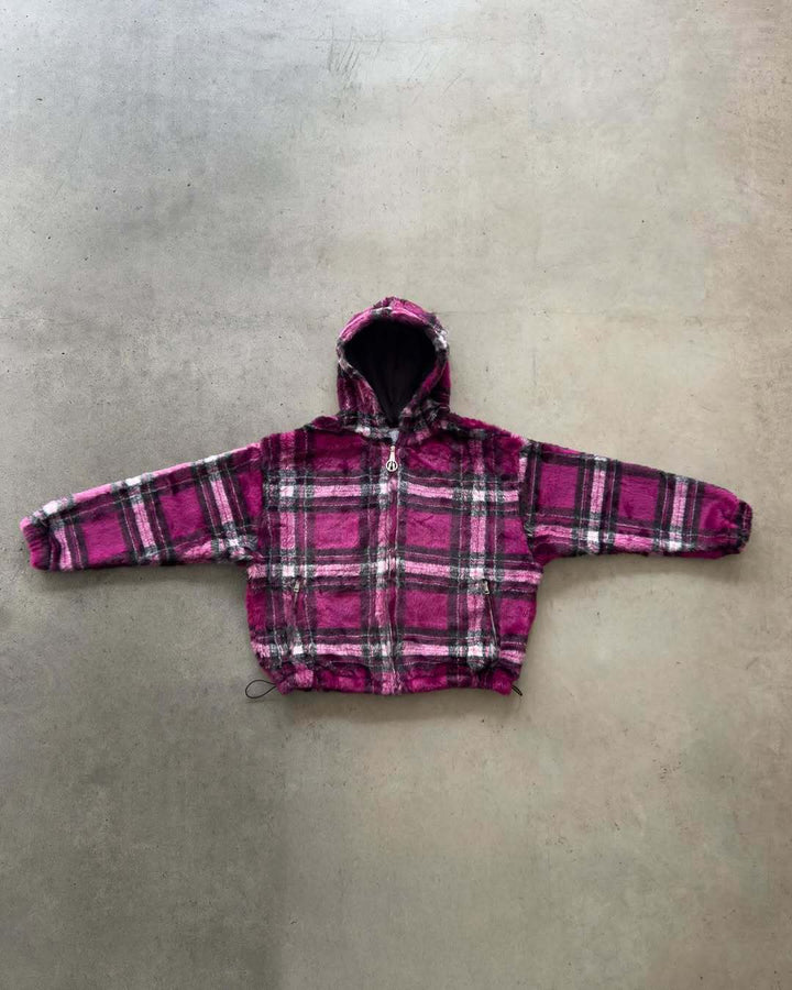 Unisex nan forede plaid-fleece-bomberjakke med hætte snøre og lynlås-lommer Skovae