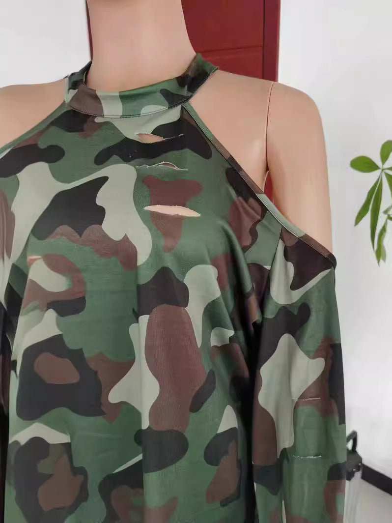 Dame afslappet sweatshirt med skulderfri design og moderigtigt camouflage-mønster Stilla