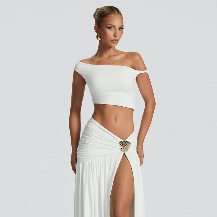 Dame Crop-top med off-shoulder design og elegant drapering Skovae
