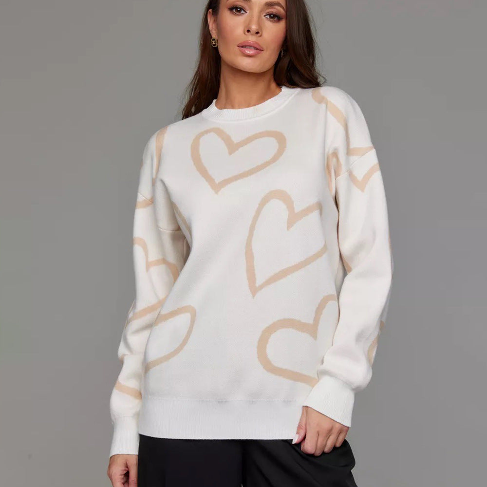 Dame Oversized Hjerte mønster Strikpullover Stilla