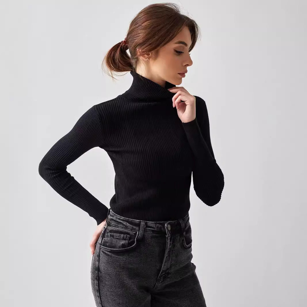 Kvinders lang sweater med høj krave og fin ribbet tekstur Stilla