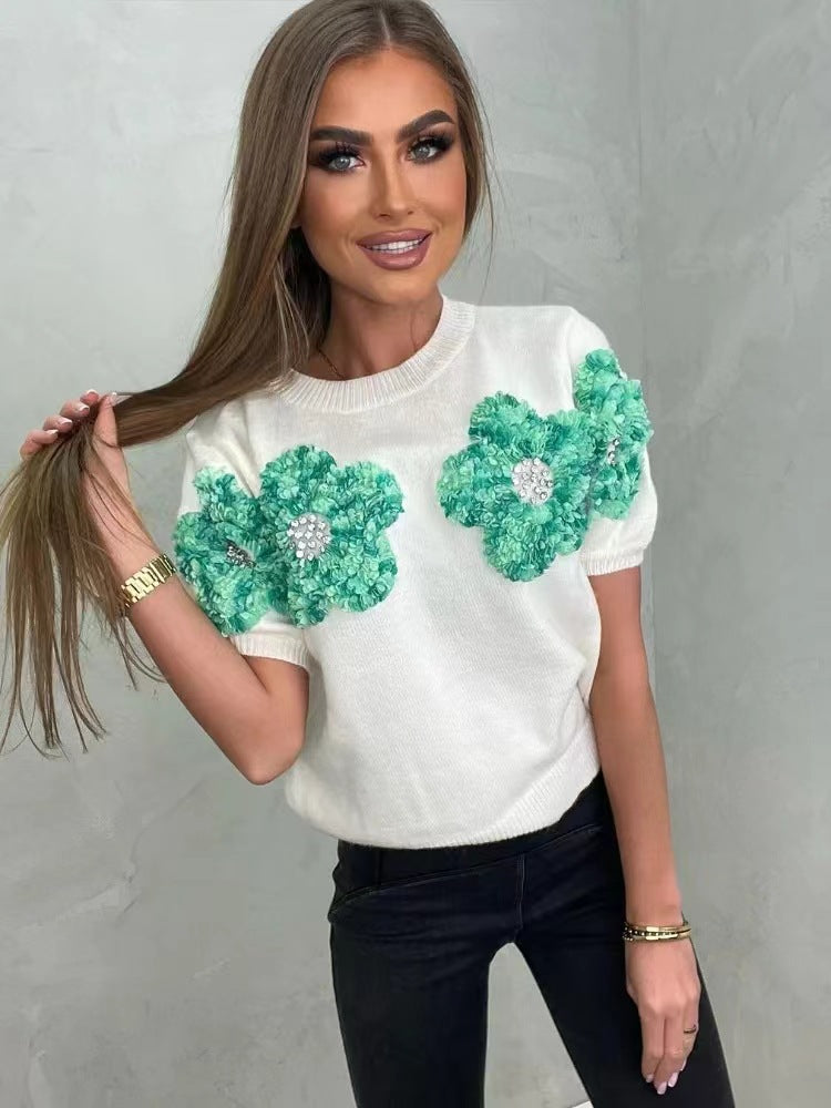 Dame strikpullover med blomster 3D-design Stilla