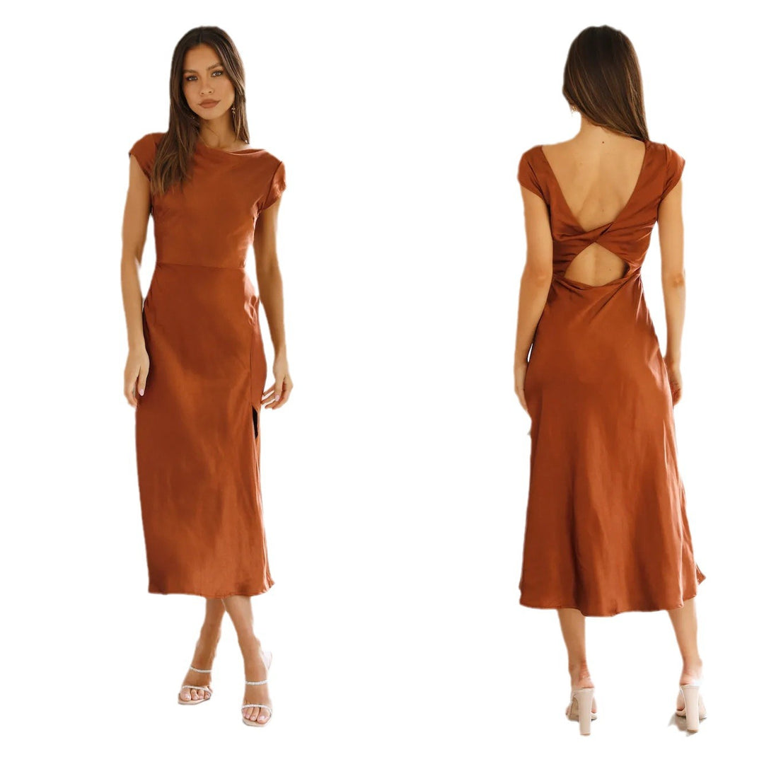Dame Elegant Satin-Kjole med side Slids Stilla