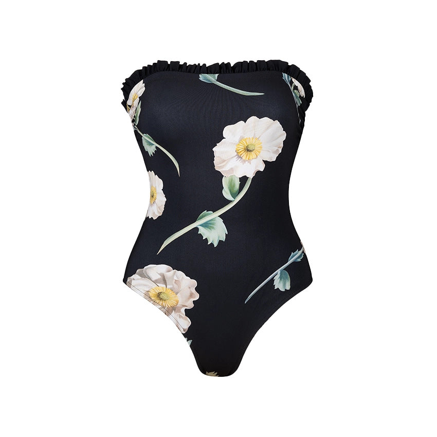 Damer one-piece badedragt med blomstrede flæsedetaljer Skovae