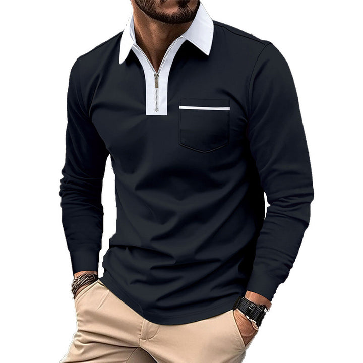 Herrer nan elegant Langærmet poloshirt med markeret ståkrave metal kort lynlås og brystlomme Skovae