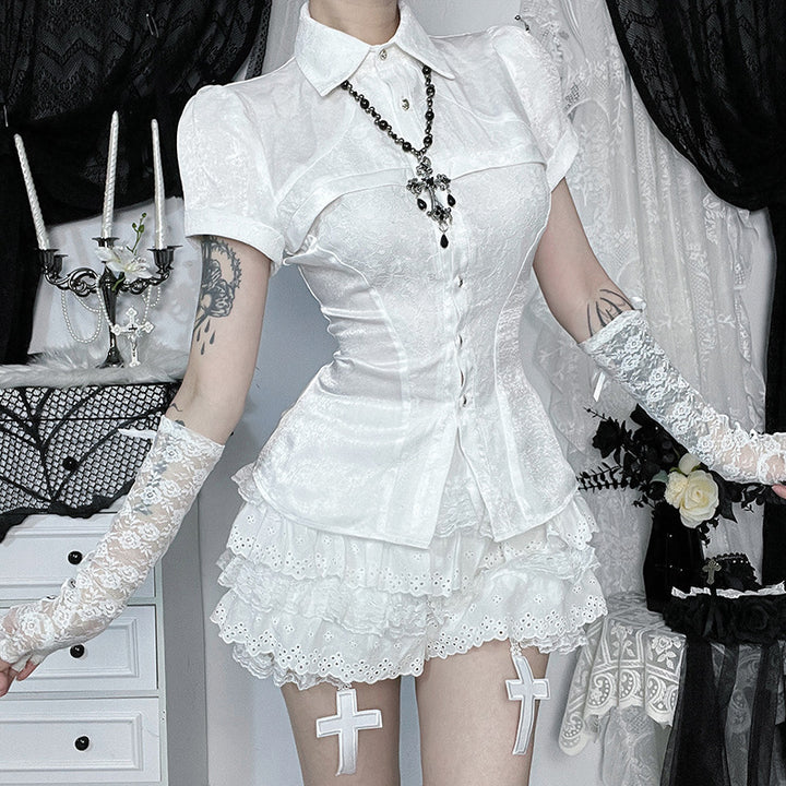 Damerne Gothic Lace Shirt med elegante puffærmer og flæse detaljer Skovae
