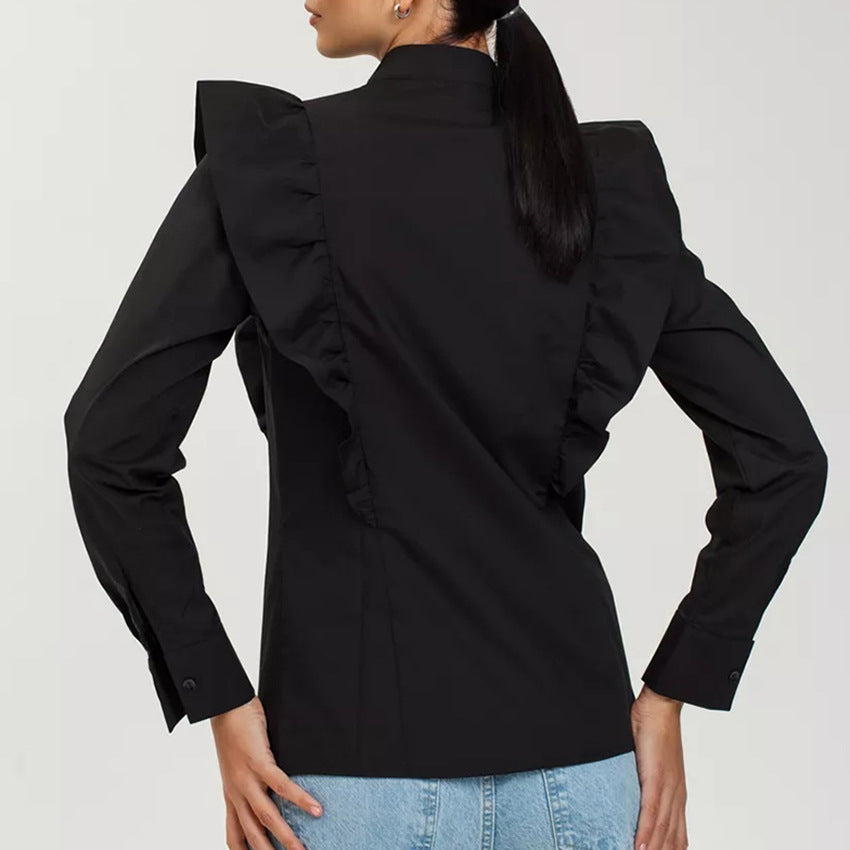 Damebluse med flæser og ståkrave Stilla