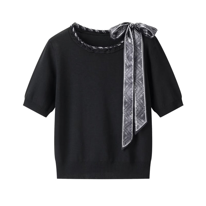 Dame kortærmet pullover med dekorativt halsbånd og stilfuldt sløjfedetail Skovae