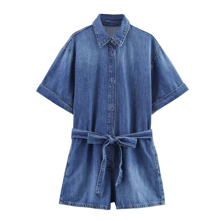 Dame jeans skjorte kjole med elegant bælte og korte ærmer Skovae