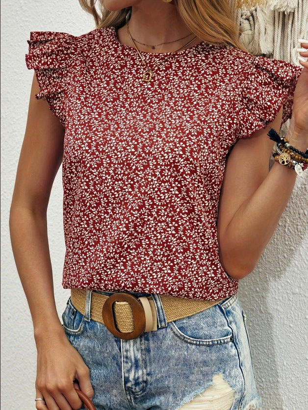Damebluse med rynkede ærmer og floral mønster Stilla