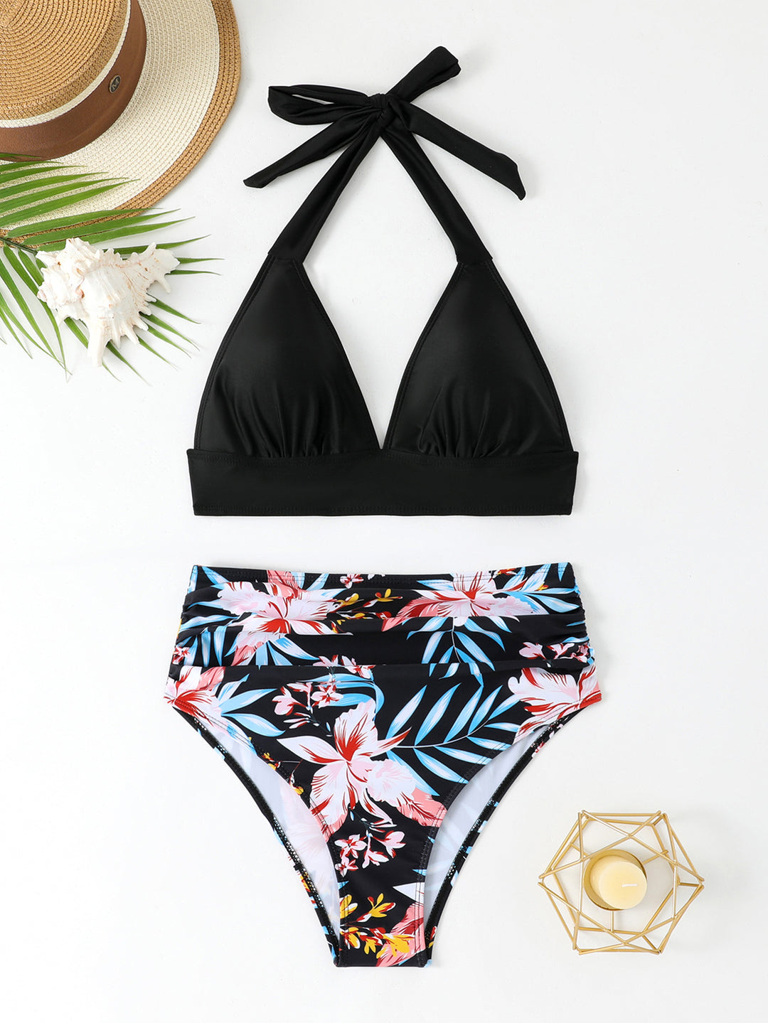 Dame Højhalset Triangel-Bikini-Sæt med blomstret Design Skovae