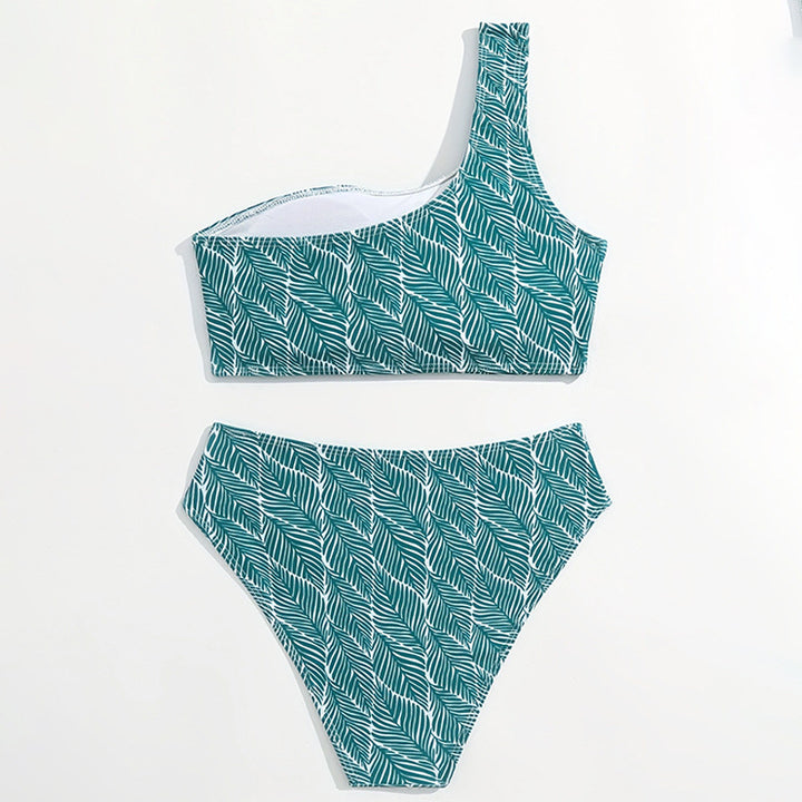 Dame to-delt bikini med asymmetrisk strop mønster og elegant palmetryk Stilla