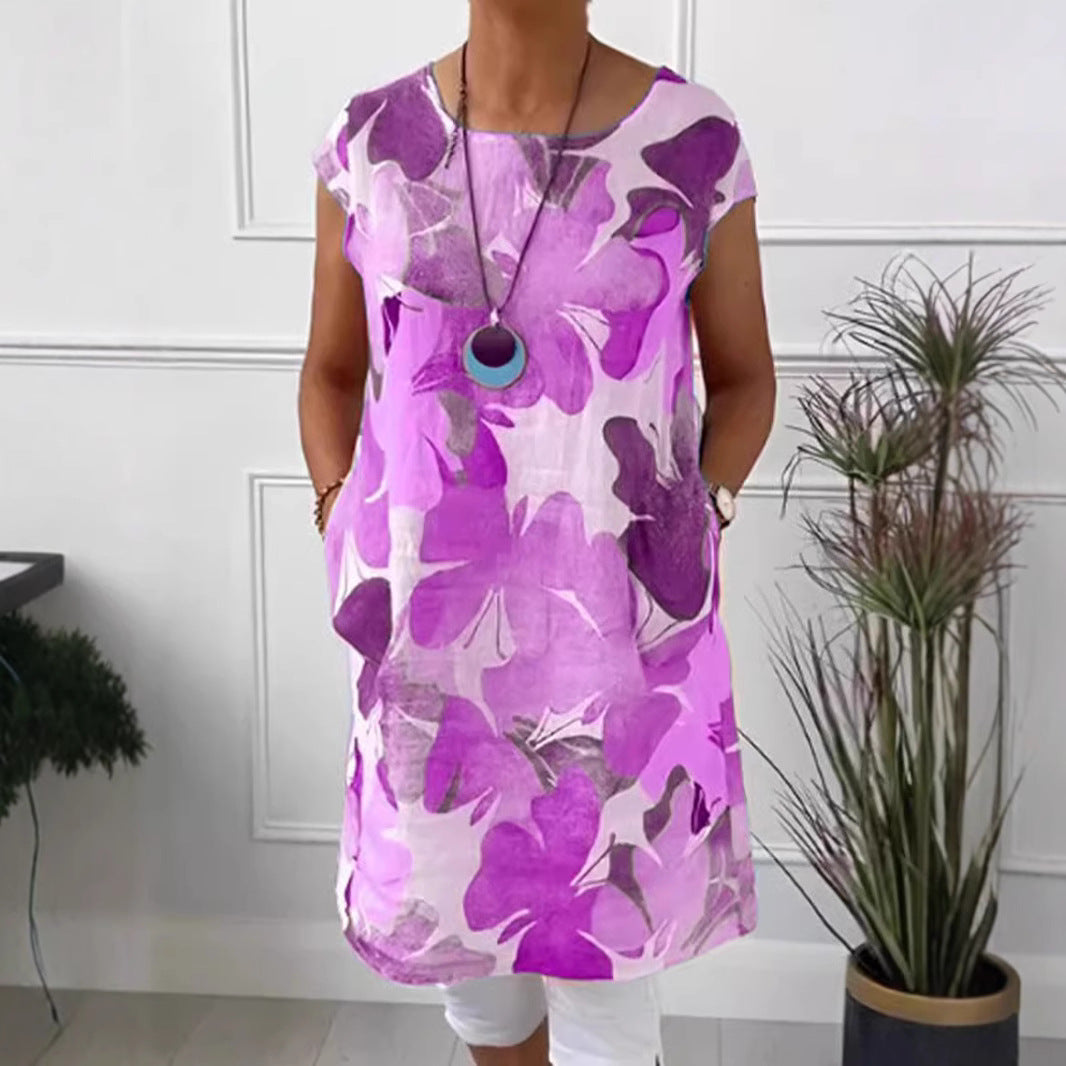 Dame nan let tunika-midi kjole lavet af linnedmix med akvarelblomsterprint og sidelommer Skovae