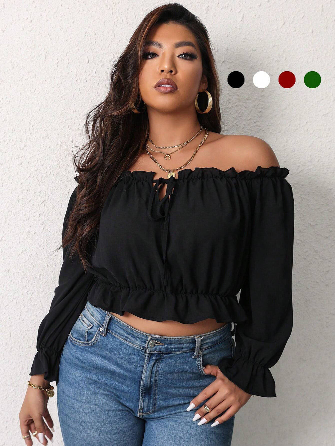 Dame Off-Shoulder Bluse med flæsedetaljer og figursyet silhuet Stilla