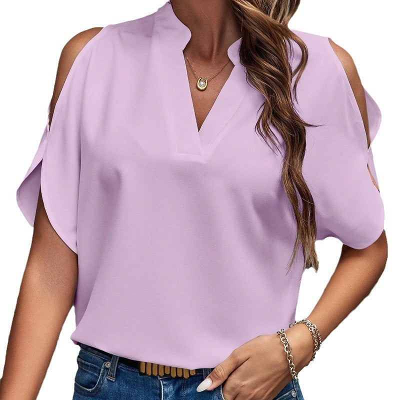 Dame Elegant Bluse med Cut-Out-Ærmer og V-Udskæring Stilla