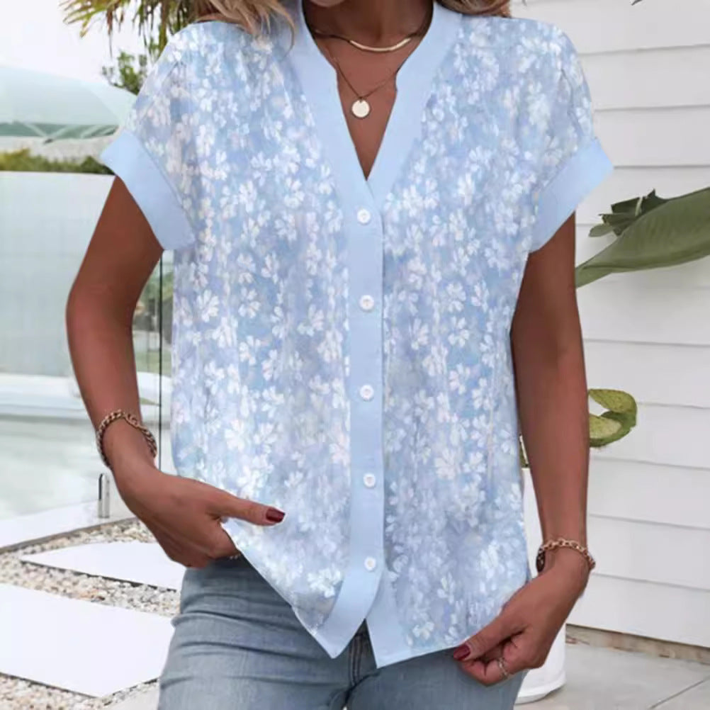 Dame bluse top med blomster mønster og korte ærmer Stilla
