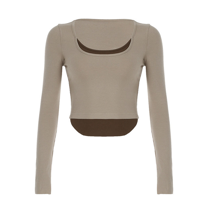 Dame Lange ærmet Crop-Top med dobbelt U-båd Halsudskæring og raffineret design Skovae