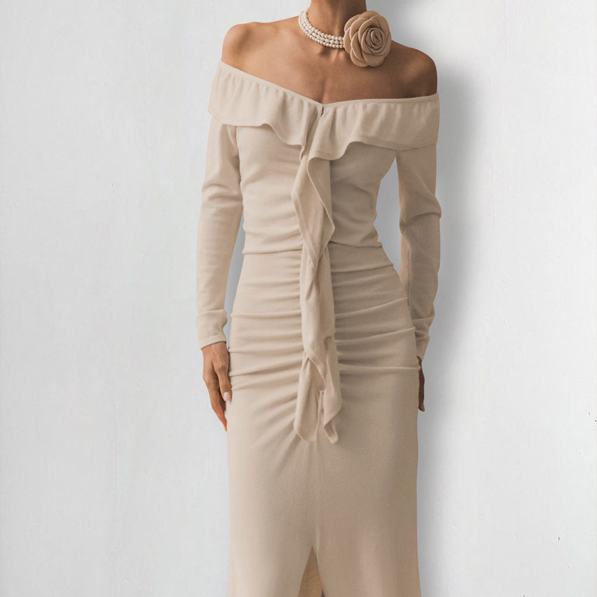 Dame Off-Shoulder Maxikjole med elegant flæse-design og sidel cirkel Stilla