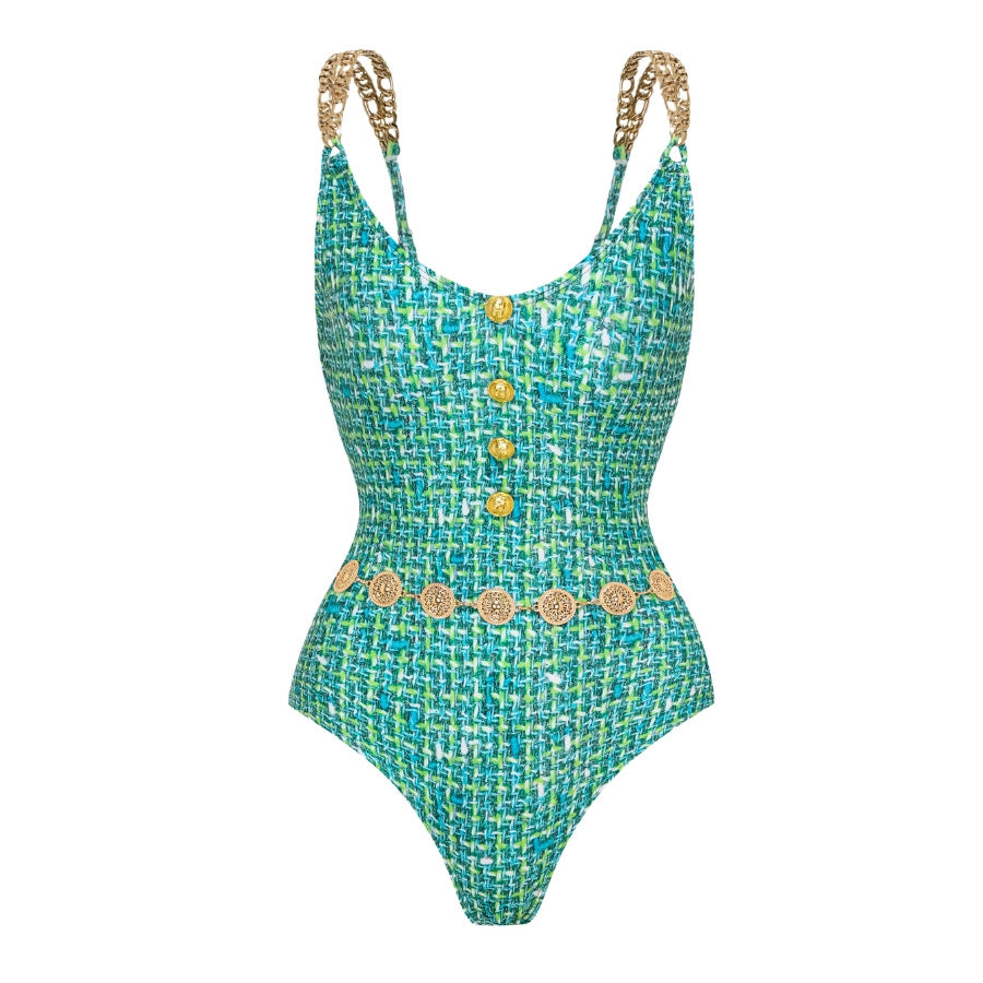 Dame one-piece badedragt med elegant knap- og bælteapplikation Skovae