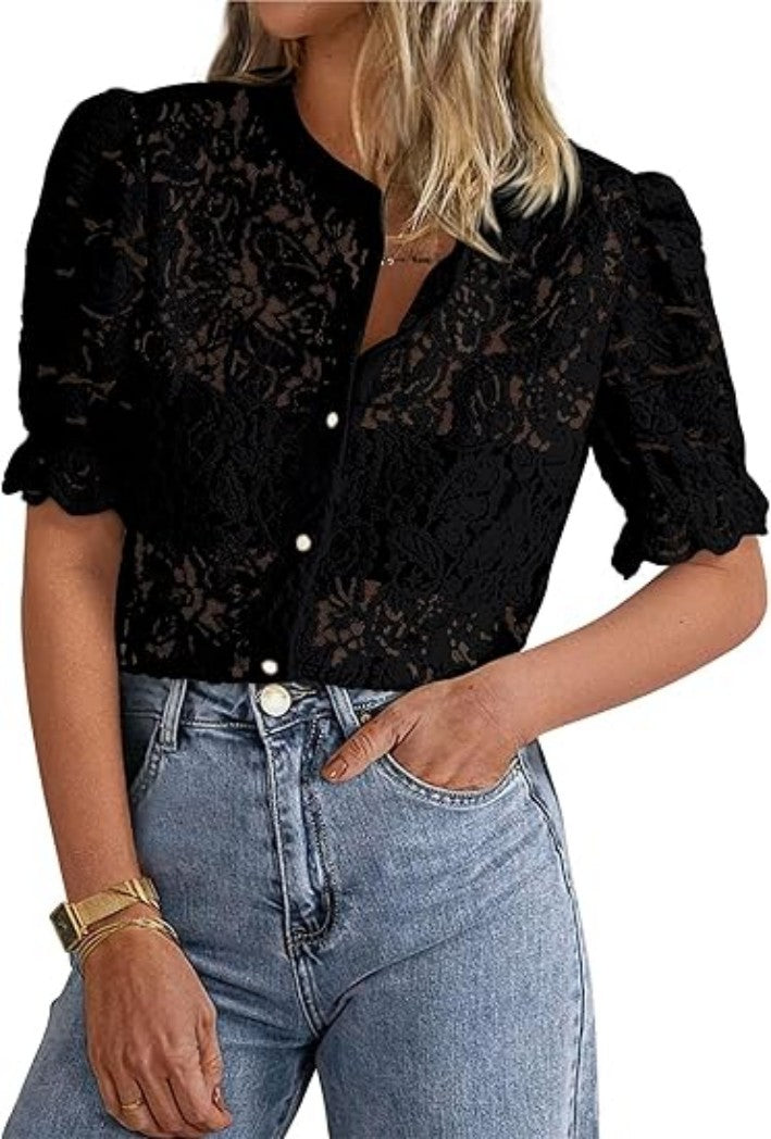 Dame spidsbluse med puffærmer Stilla