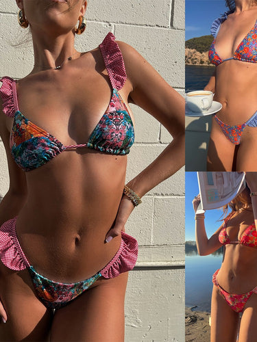 Dame bikini-sæt med raffinerede volang-detaljer og blomstermønster Stilla