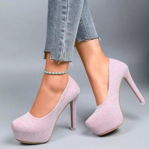 Dame højhælede pumps med glitrende glitter og behagelig plateau-sål Stilla