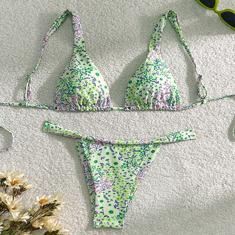 Dame triangel-bikini med blomsterudsmykninger og tilpassede stropper Skovae