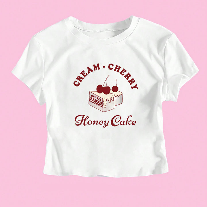 Dame Crop-T-Shirt med kreativ dessertmotiv og moderne snit Skovae