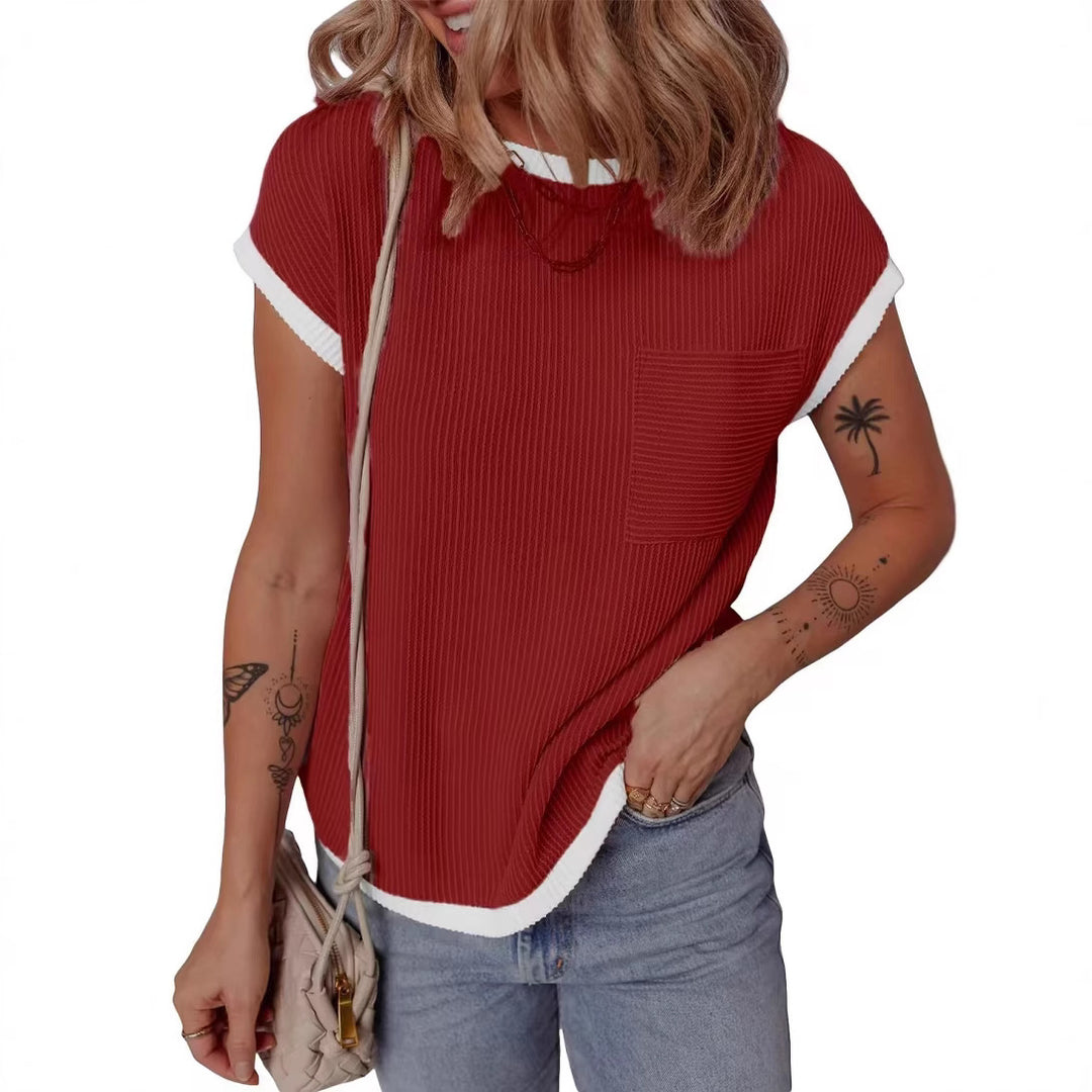 Dame fashion T-shirt med struktureret materiale og brystlomme Skovae