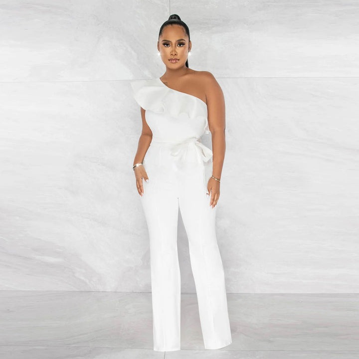 Dame Elegant One-Shoulder Jumpsuit med Rynke Detaljer og Taljebælte Stilla