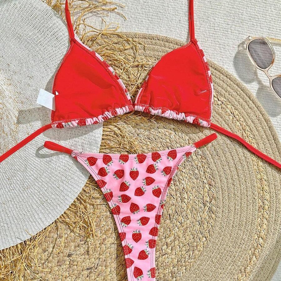 Dame triangel-bikini med frugtagtig design og justerbare stropper Stilla