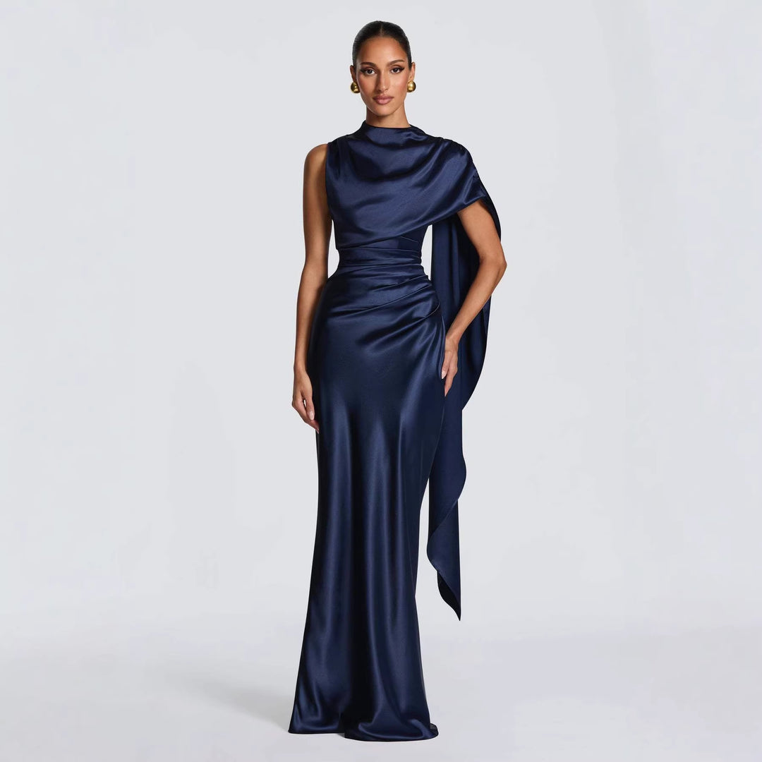 Dame elegante maxi kjoler med asymmetrisk top og flydende satin