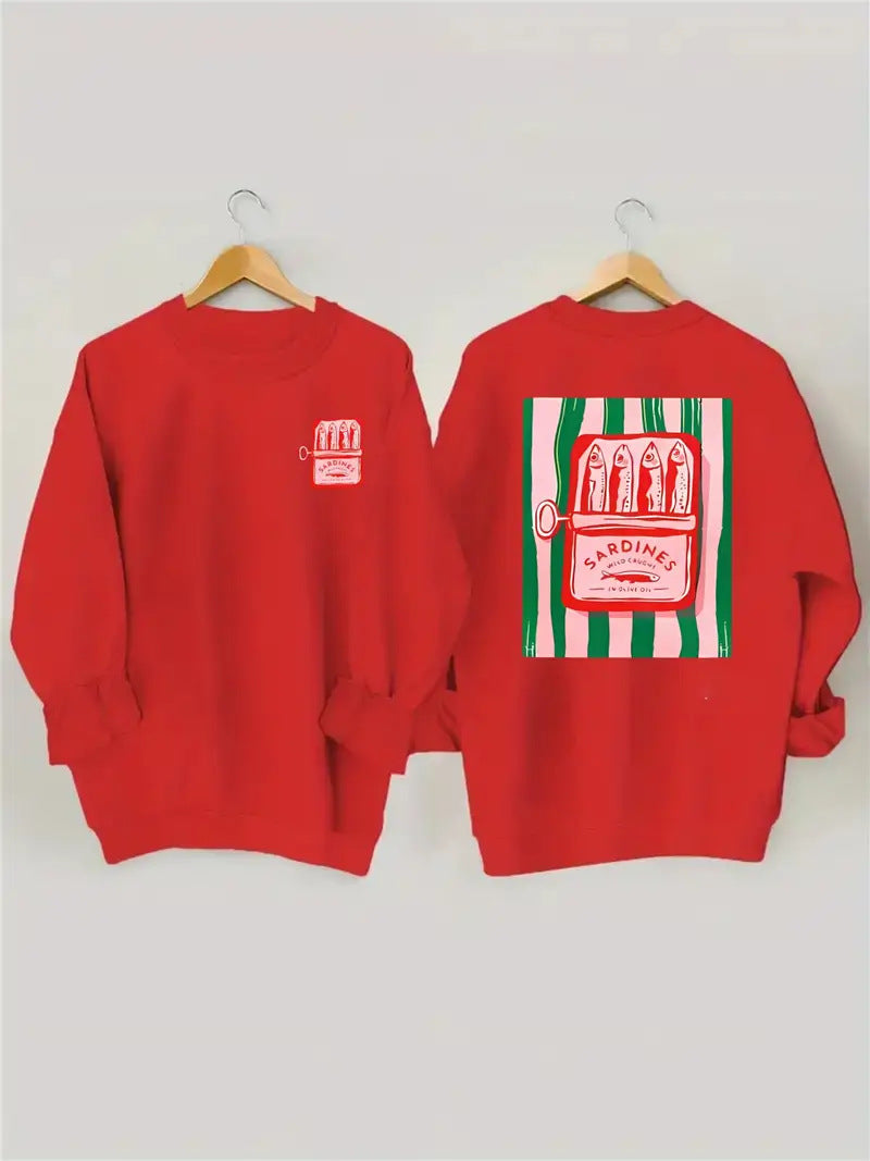 Kvindernes sweatshirt med kreativ sardinegrafik og afslappet pasform Stilla