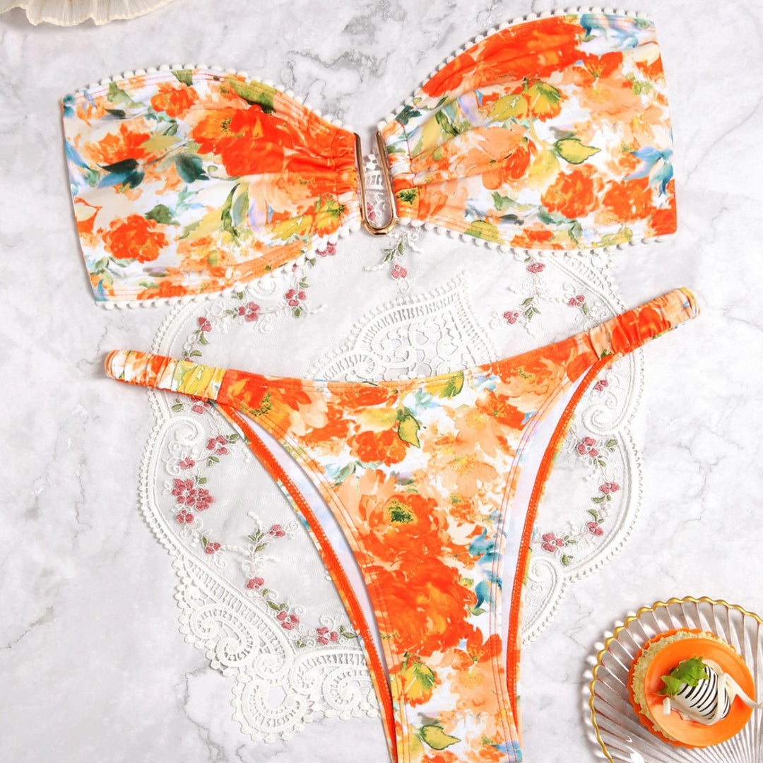 Dame Floral Print Bandeau Bikini Sæt Stilla