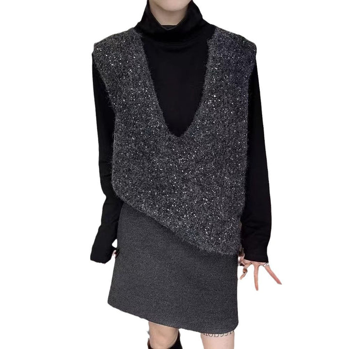 Dame fashionable strikket vest med dyb V-hals og kreativ skæring Stilla