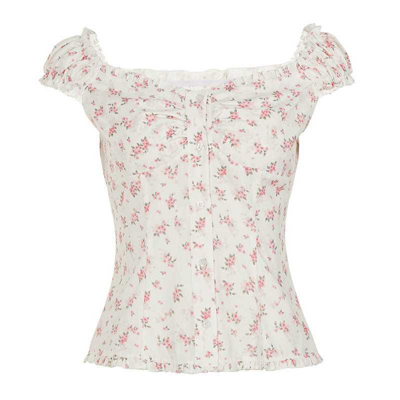 Dame blusenshirt med blomsterdesign og flæsedetaljer Skovae