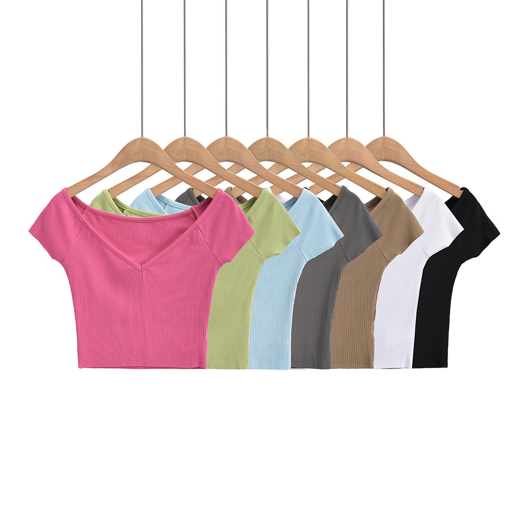 Dame figursyet Crop-Top med off-shoulder design og ribstruktur Stilla