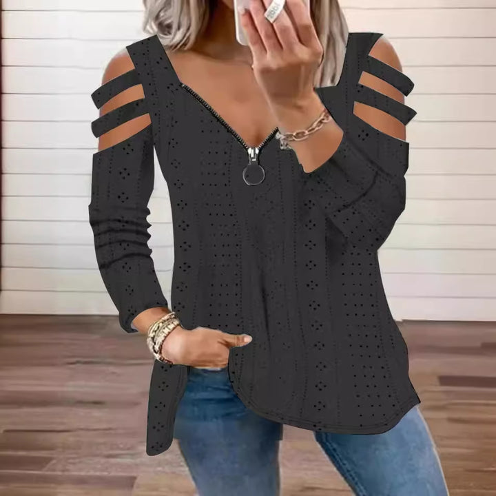 Dame longsleeve bluse med cut-outs og lynlås Stilla