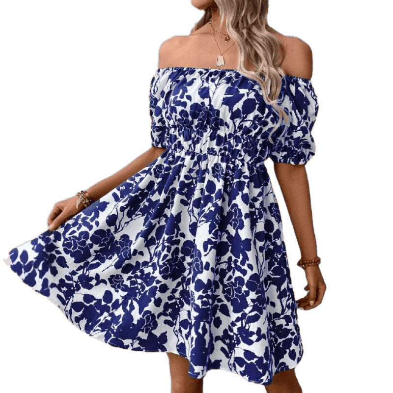 Dame Off-Shoulder Floral Mini Kjole med rynket Talje Stilla