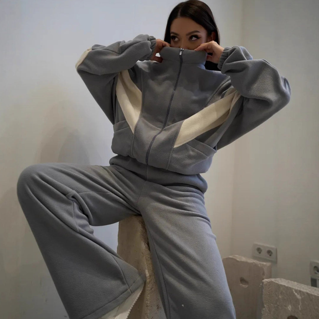 Kvinder afslappet fleece sæt med sporty pasform og store lommer Skovae