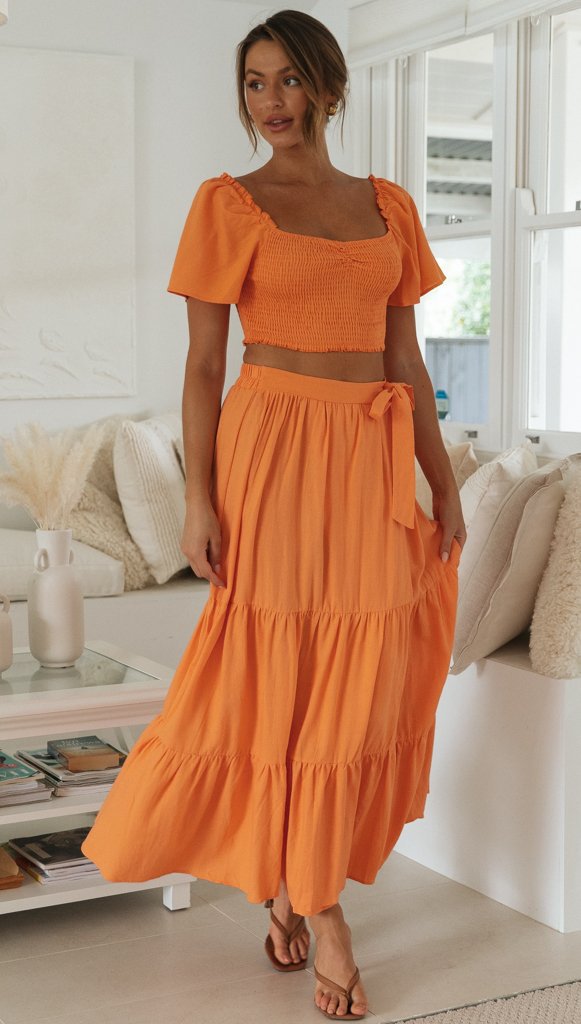 Kvinders Maxi Nederdel og Puffærmet Crop Top Sæt Stilla