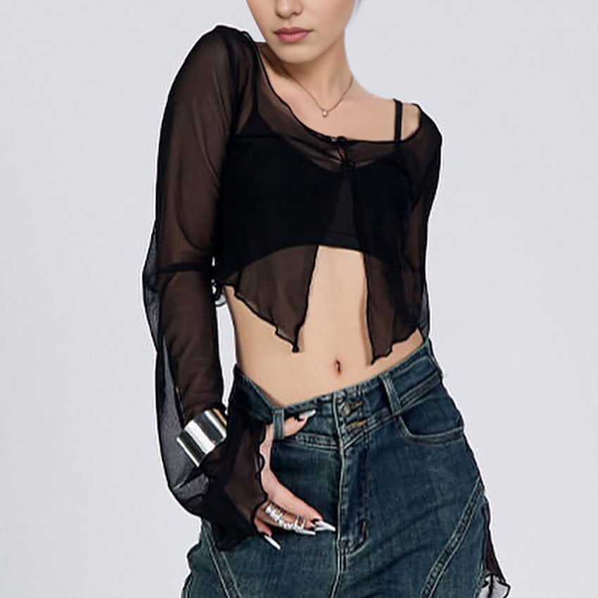 Dame gennemsigtig crop-top med raffinerede snøre detaljer og lange ærmer Stilla