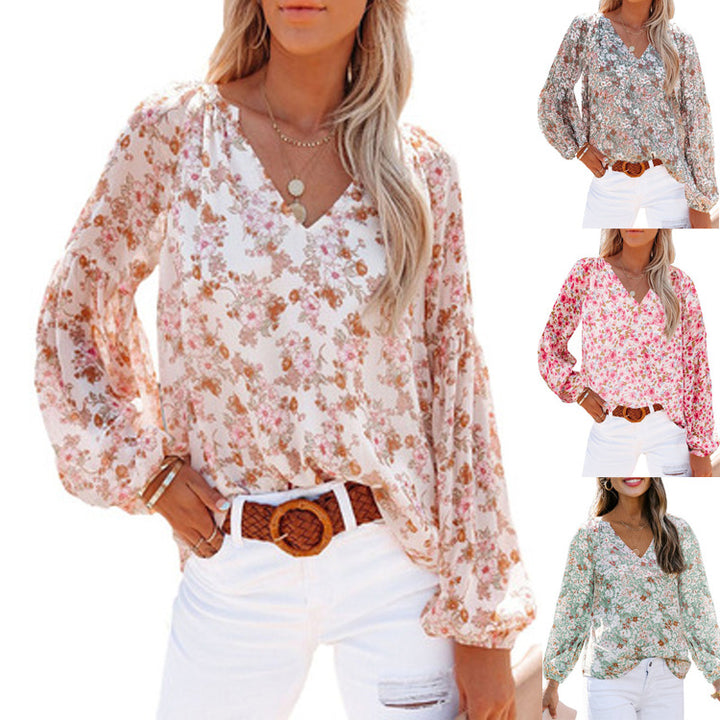 Dame bluse med blomster mønstre og V-hals Stilla