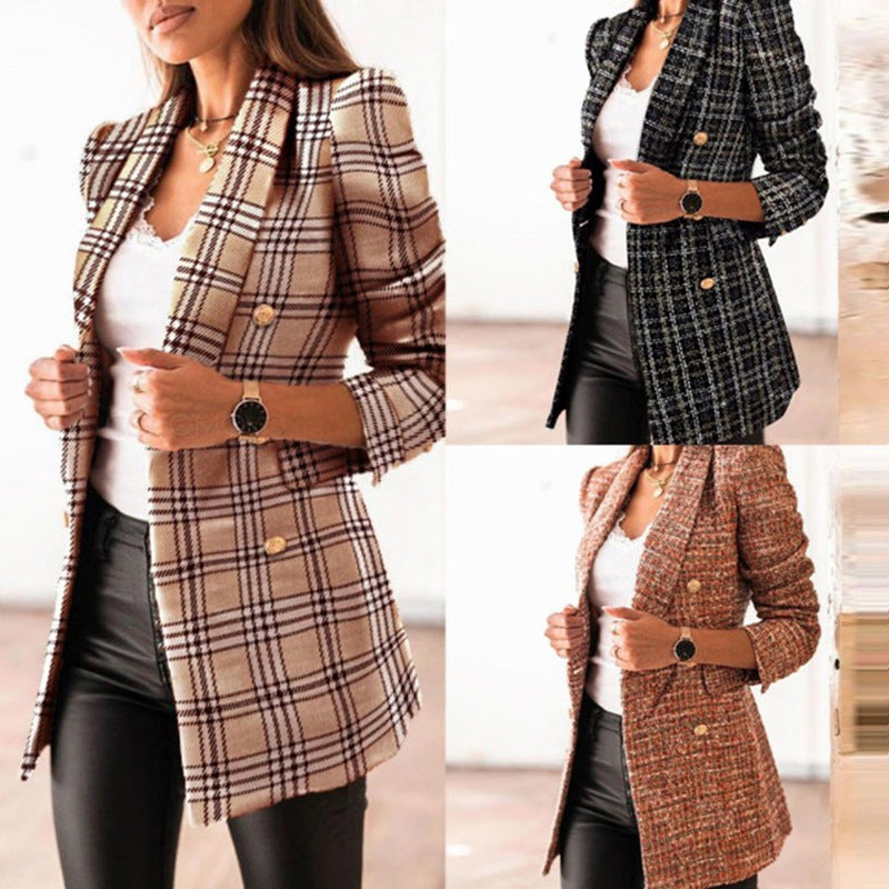 Dame Elegant Tweed Blazer med dobbelt knaplukning og moderne puffærmer Stilla