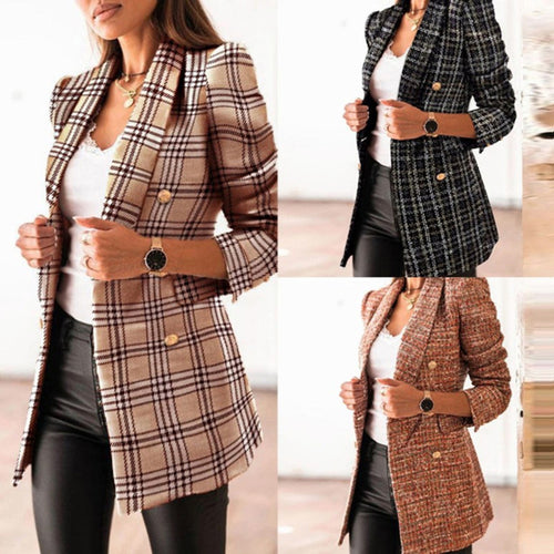 Dame Elegant Tweed Blazer med dobbelt knaplukning og moderne puffærmer Stilla