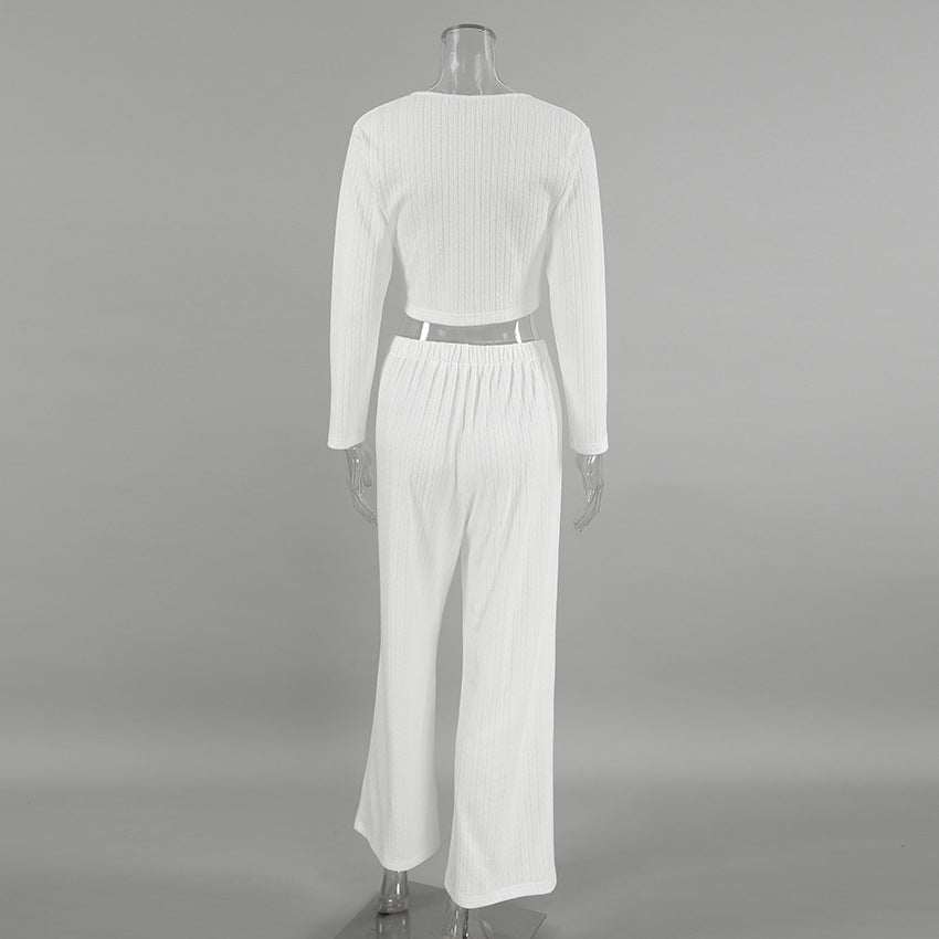 Dame hyggeligt strikket loungewear-sæt med knaplukning og løs pasform Stilla