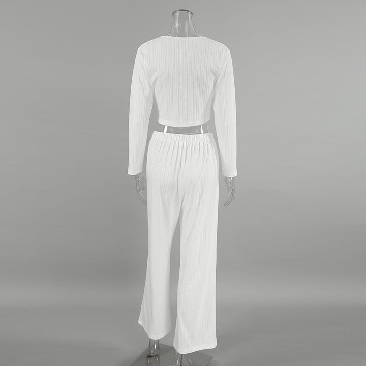 Dame hyggeligt strikket loungewear-sæt med knaplukning og løs pasform Stilla